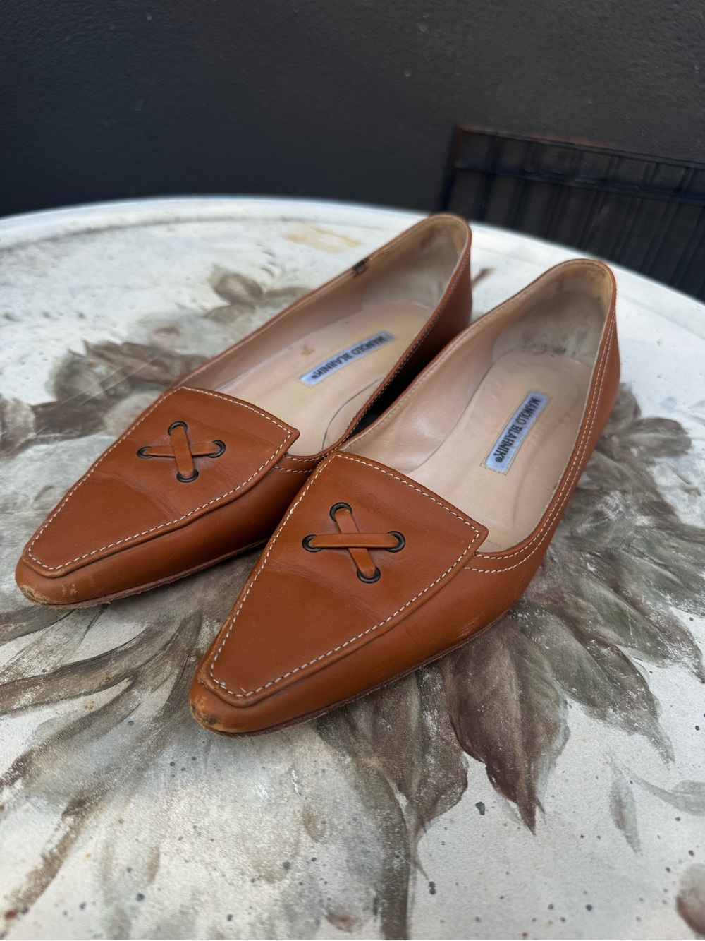 Manolo Blahnik Cognac Leather Pointed Loafers with Decorative Lace Detail